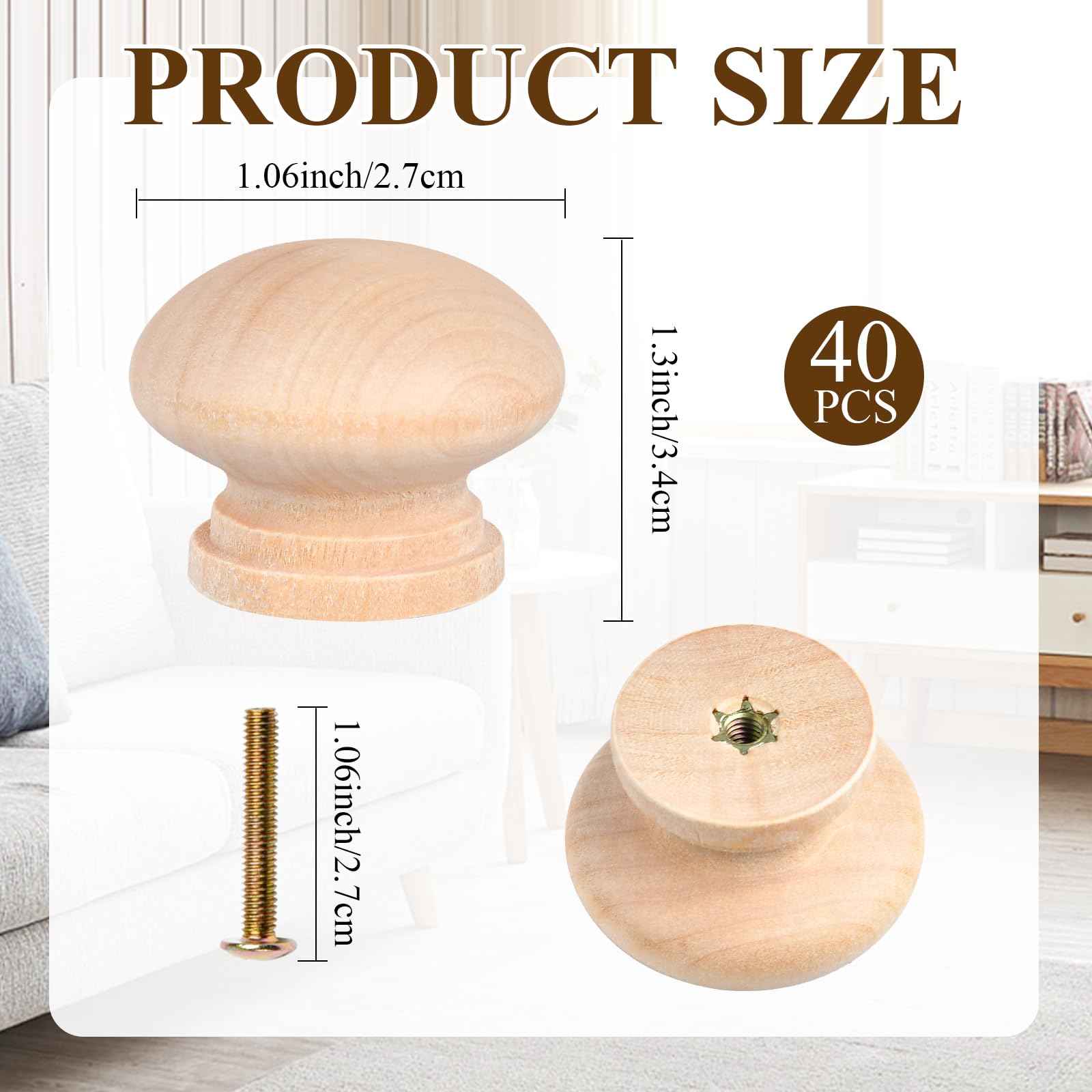 Supkiir 40Pcs Wooden Drawer Knobs, 1.06in Round Mushroom Shape Dresser Knobs, Natural Wood Cabinet Knobs with Screw Unfinished Furniture Knobs for Dresser Drawers Cupboard Door Pulls Handles