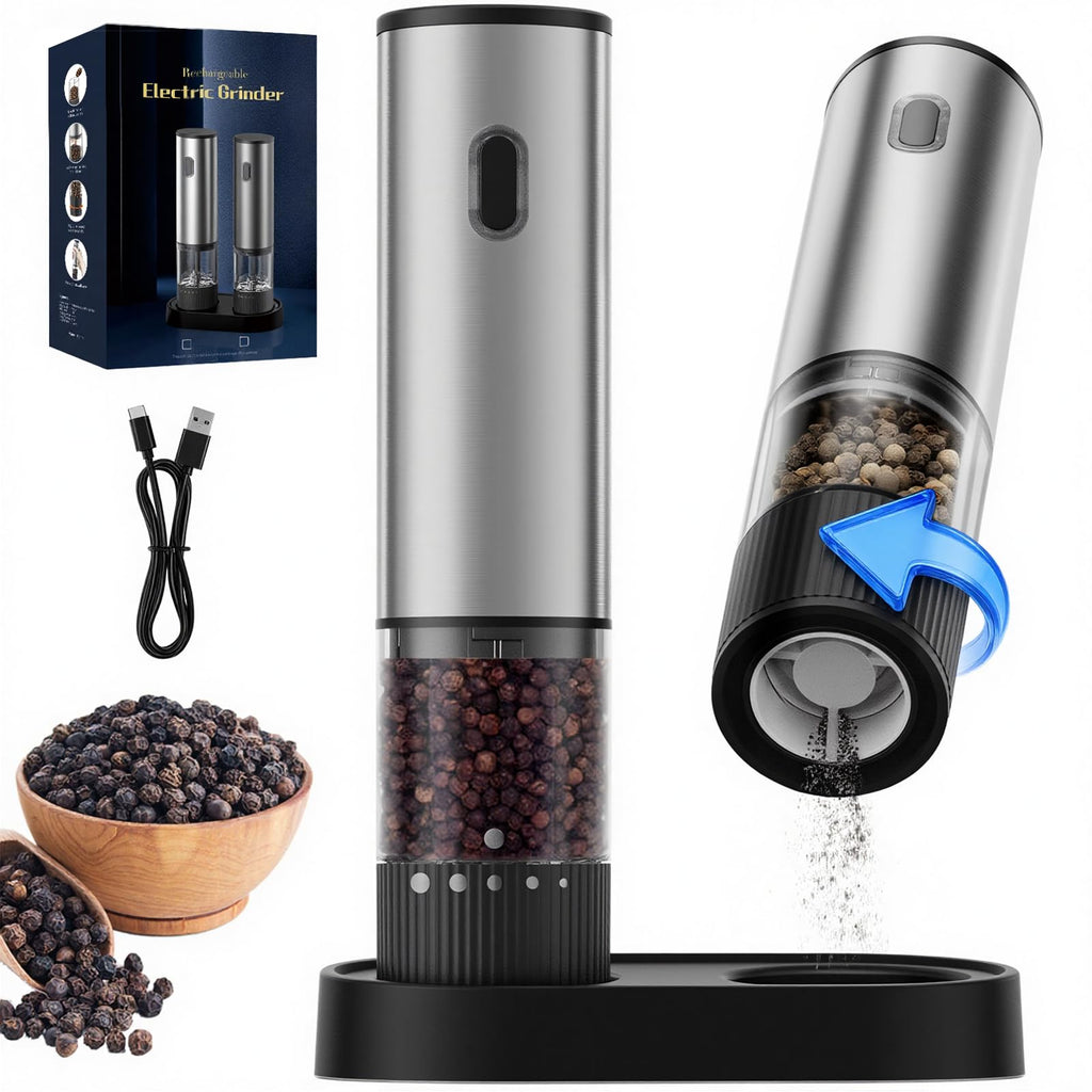 Salt and Pepper Grinder Set, Automatic Salt and Pepper Grinder, USB-C Rechargeable with 5 Adjustable Coarseness, One Hand Operation