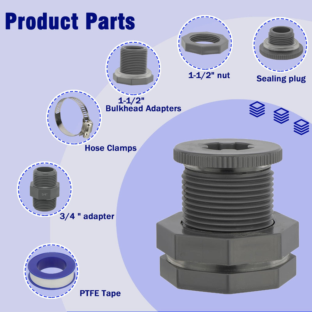 PVC Bulkhead Fittings Rain Barrel 3/4 Inch Female Thread With Stock Strap, Throat Clamp, 3/4 Dual Thread Male Fitting, Plug For Tanks, Swimming Pools, Aquariums