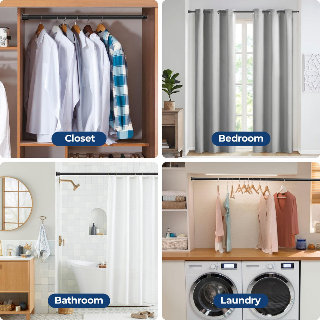 Mavivegue Closet Rod, 17 to 84 Inch Adjustable Closet Rods for Hanging Clothes, Heavy Duty Tension Rod, Black Curtain Rod, for Closet, Wardrobes, Bathroom, Laundry