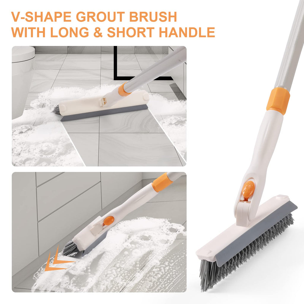 3 in 1 Shower Scrubber Cleaning Brush with 50'' Long Handle, FUUNSOO Tub & Tile Grout Brush Stiff Bristles Lock in Place Scrub Brush Head for Bathroom Kitchen Wall Floor Bathtub Sink Glass - Upgrade