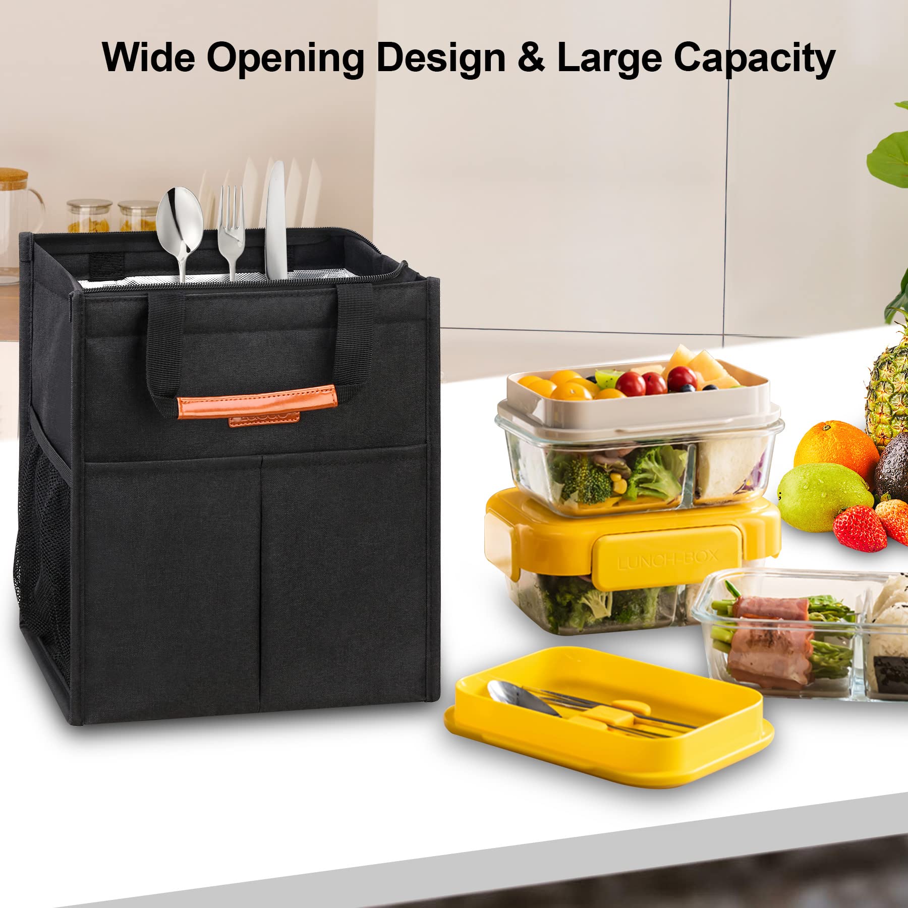 Lacdo Lunch Bag for Women Men Insulated Lunch Tote Bags Waterproof Reusable Lunch Box Soft Cooler with Pockets for Work School Travel Picnic, Black