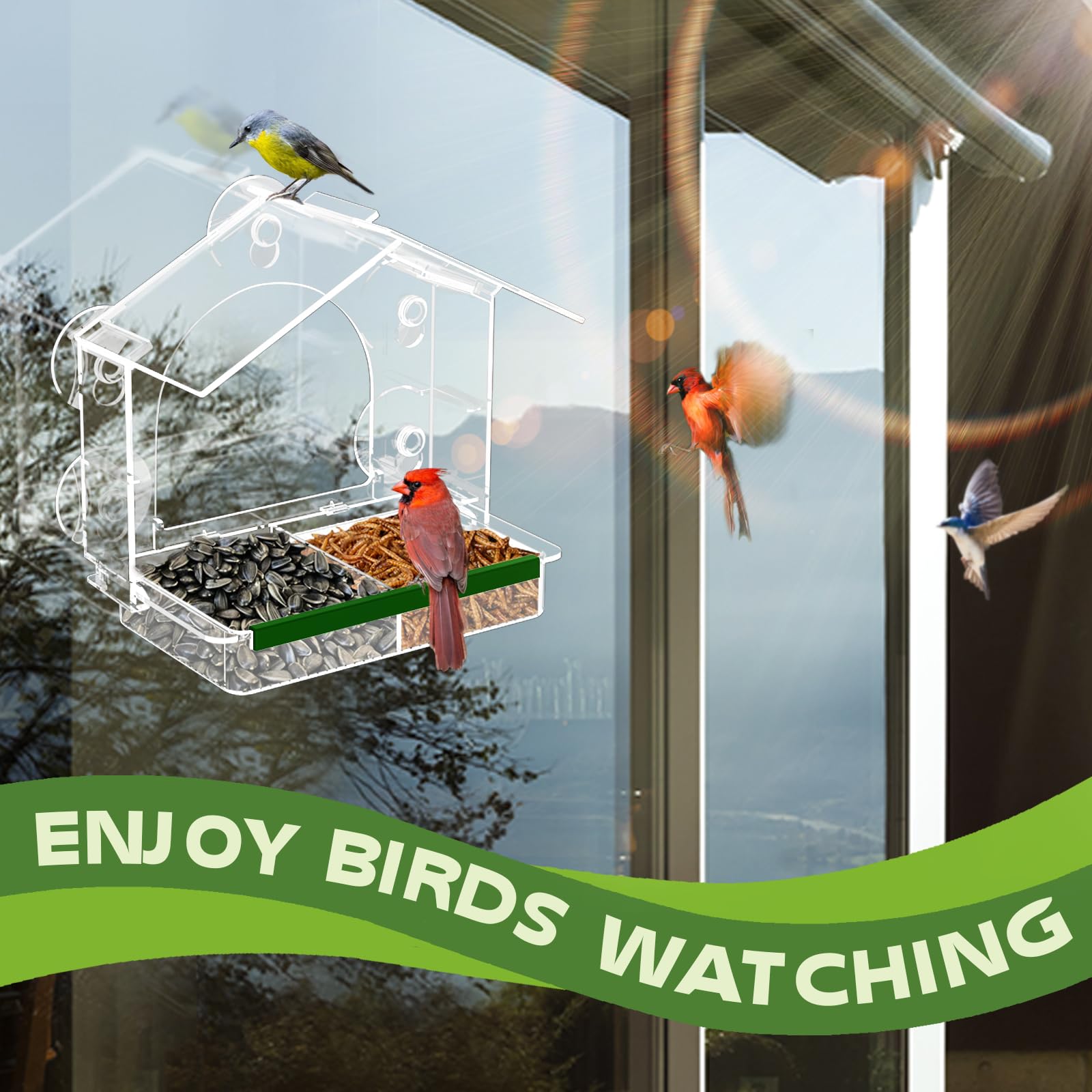 Window Bird Feeder for Outdoors, Clear Bird Feeders with 5 Extra Strong Suction Cups, Sturdy and Durable Bird House for Window Viewing Outside, Garden Decor Gifts for Bird Lover