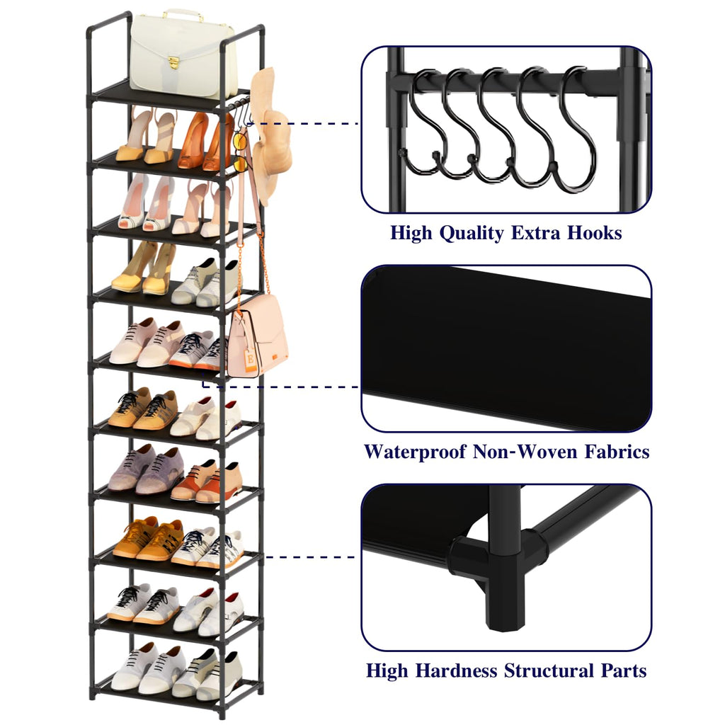 Shoe Rack, 10 Tier Tall Shoe Storage Organizer for Closet Entryway, 20-24 Pairs Narrow Metal Shoe Stand Shelf Holder Space Saving（Black）