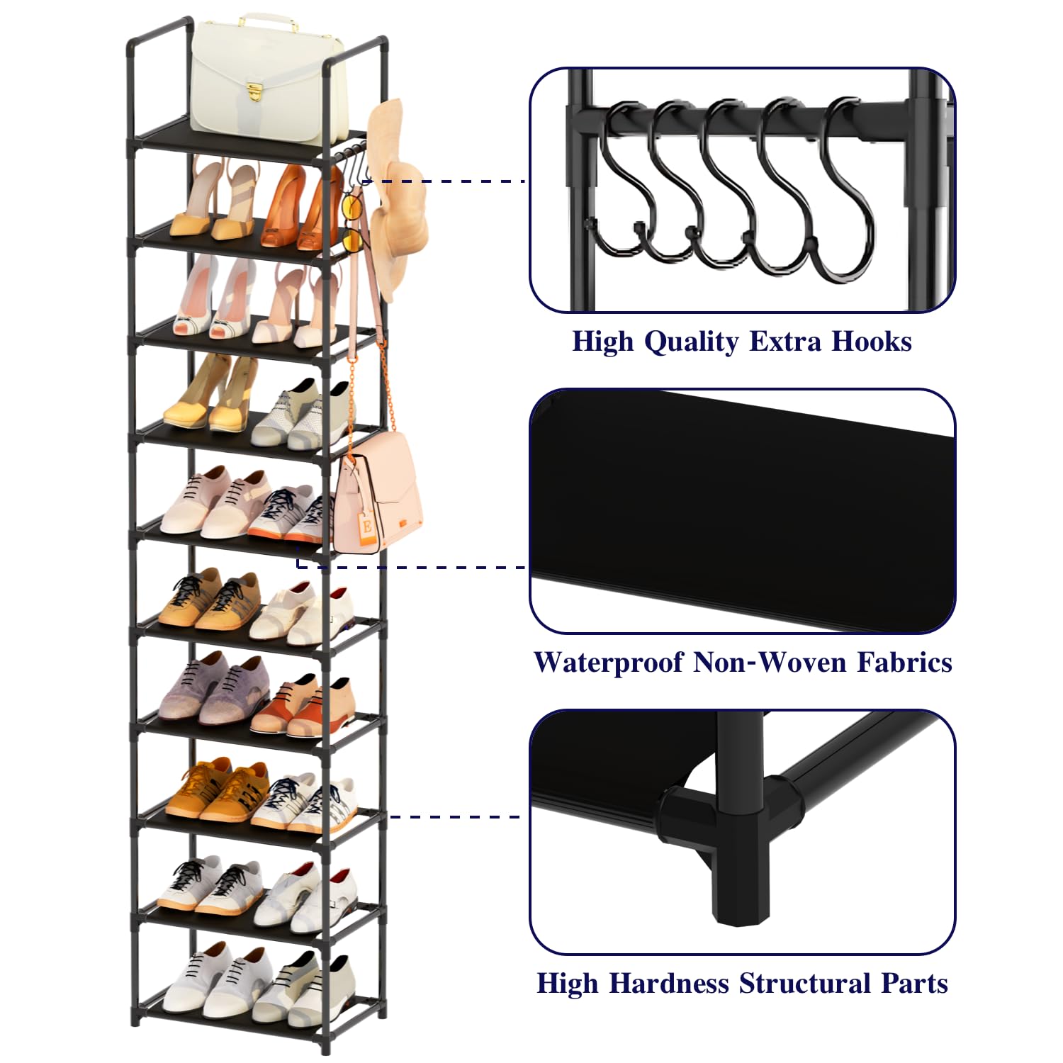 Shoe Rack, 10 Tier Tall Shoe Storage Organizer for Closet Entryway, 20-24 Pairs Narrow Metal Shoe Stand Shelf Holder Space Saving（Black）