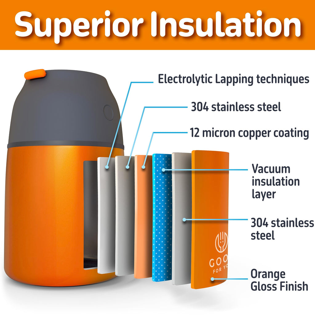 Insulated Food Flask - 530ml Stainless Steel Jar for Hot and Cold Meals – Double-Wall Insulation, Thermal Food Container for School, Office, Travel, Camping - Foldable Spoon, Bag - Orange - 24.7 oz…