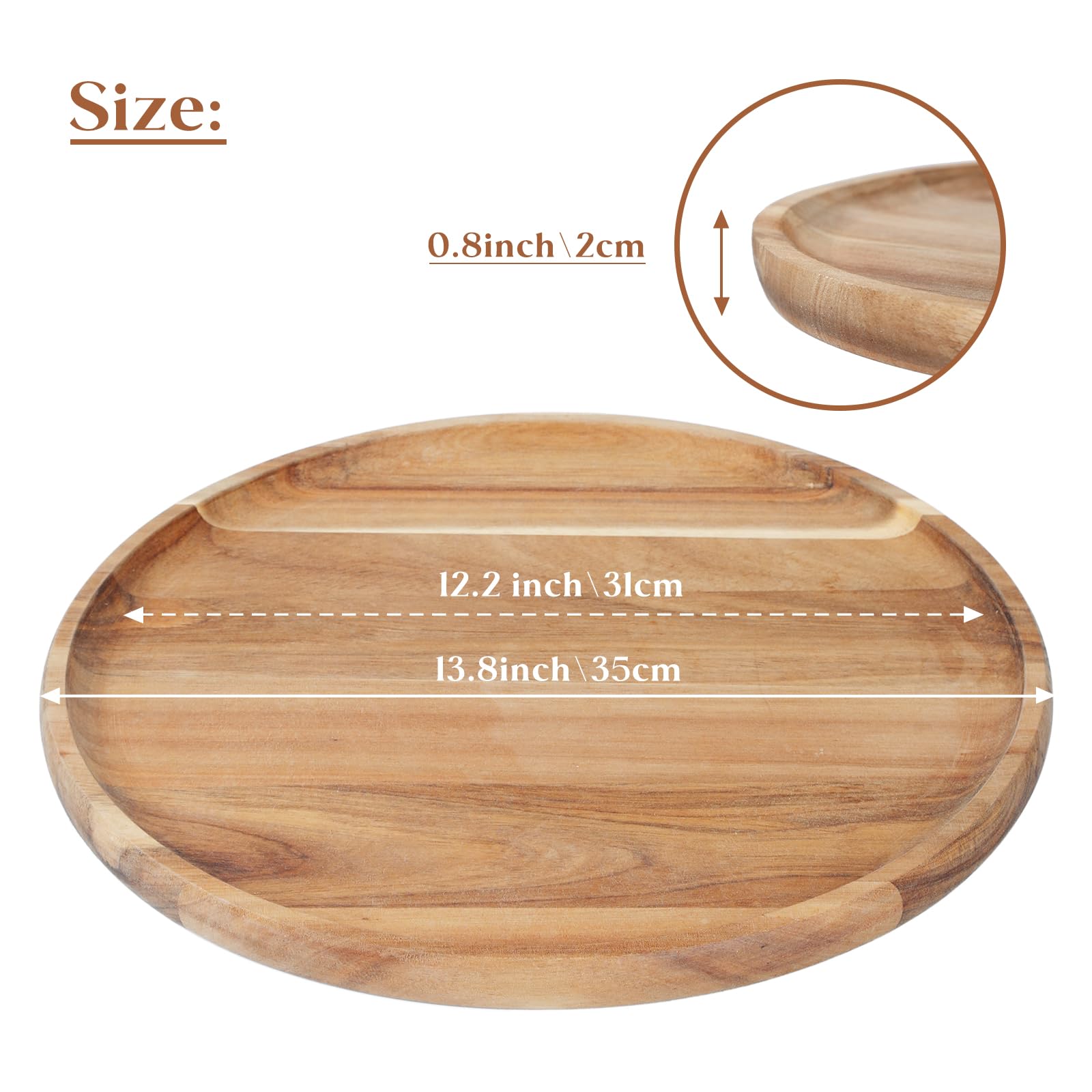 YANGQIHOME Acacia Wood Serving Tray, Round Wooden Platter for Food, Snack, Bread, Cheese, 35 cm Kitchen Serving Tray