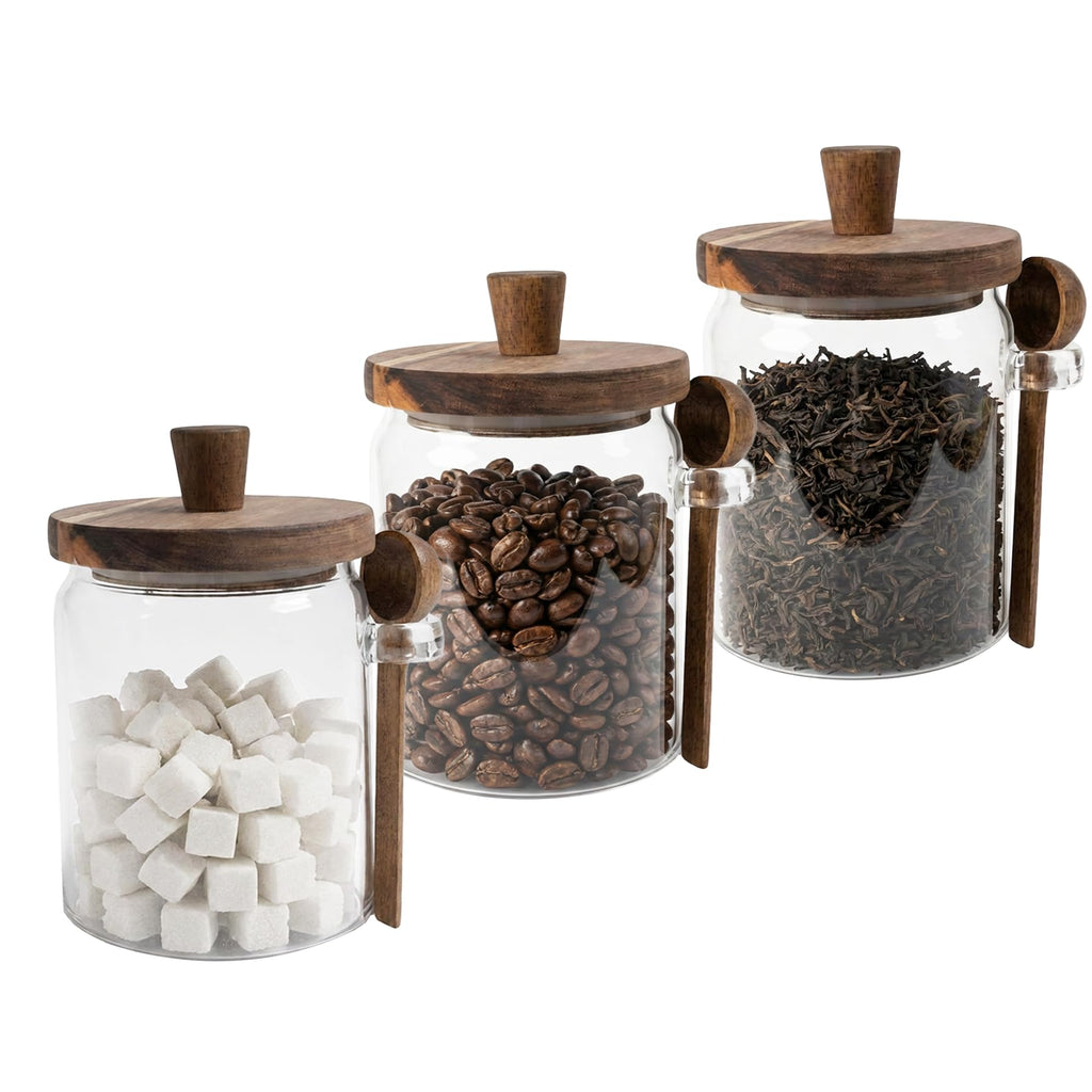 Set of 3 Glass Jars Containers with Airtight Wooden Lids and Scoop，Piscepio Clear Canister Jars Set with Spoon for Kitchen Food Storage Coffee Tea Sugar Decorative Countertop Organization Jars 31 oz