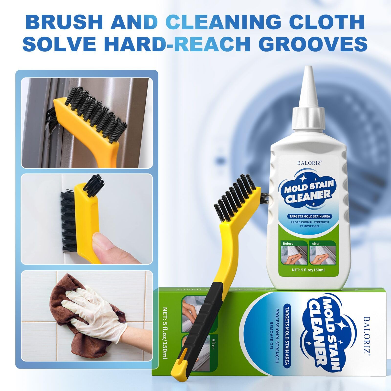Mould Remover Gel, 1 Pack Household Mould Remover for Washing Machine, Grout Cleaner Gel with Brush and Cloth for Kitchen & Bathroom Cleaning,Sink, Tile Grout and Refrigerator Strips (5 Fl Oz)