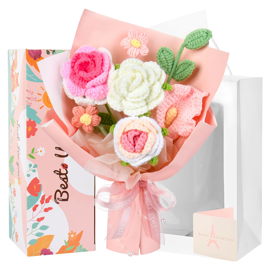 MengxFly Crochet Flower Bouquet Pink, Handmade Crochet Flowers Bouquet, Knitted Floral Gift for Her, Mothers Day Birthday for Women Wife Mom Girlfriend with Gift Box Bag and Card