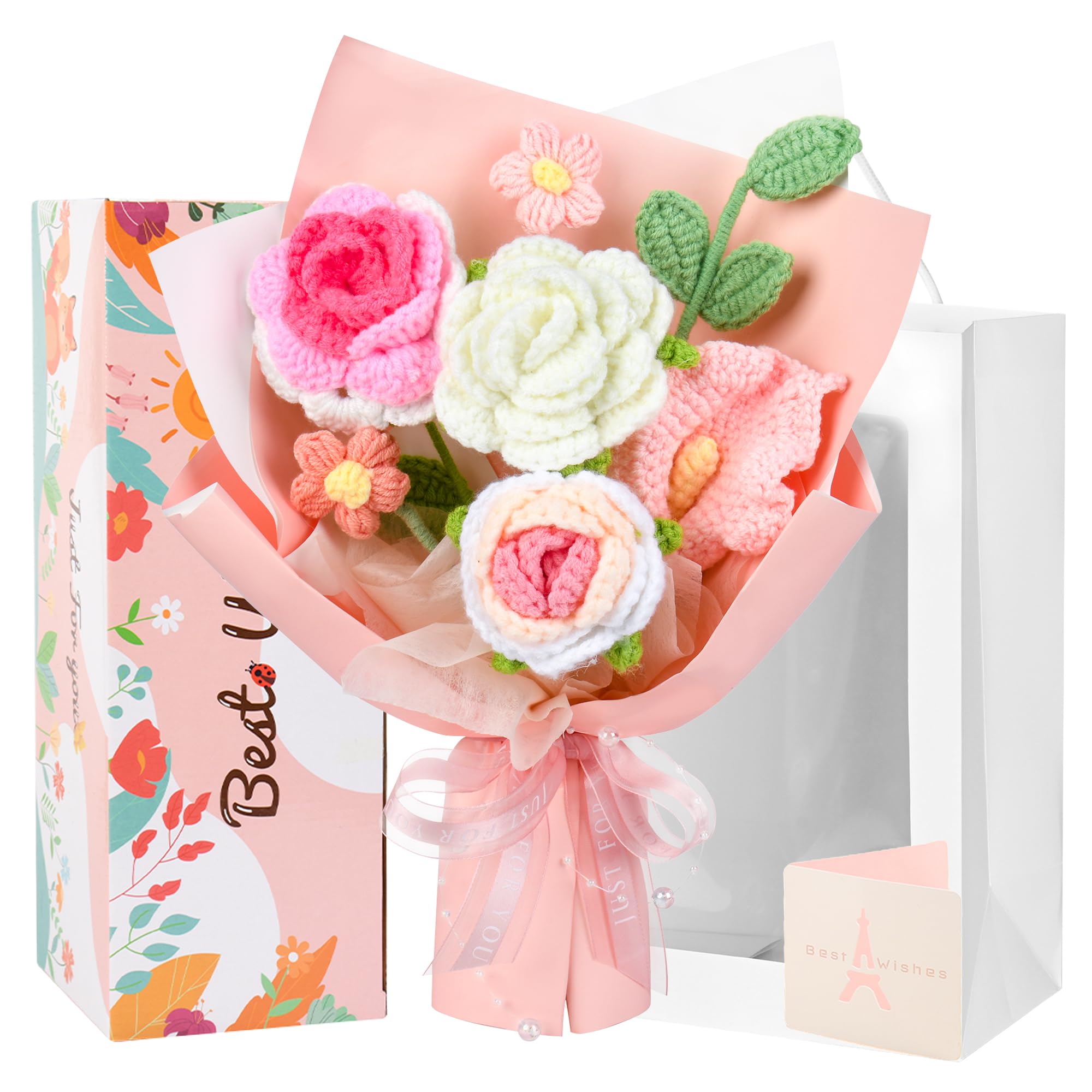 MengxFly Crochet Flower Bouquet Pink, Handmade Crochet Flowers Bouquet, Knitted Floral Gift for Her, Mothers Day Birthday for Women Wife Mom Girlfriend with Gift Box Bag and Card