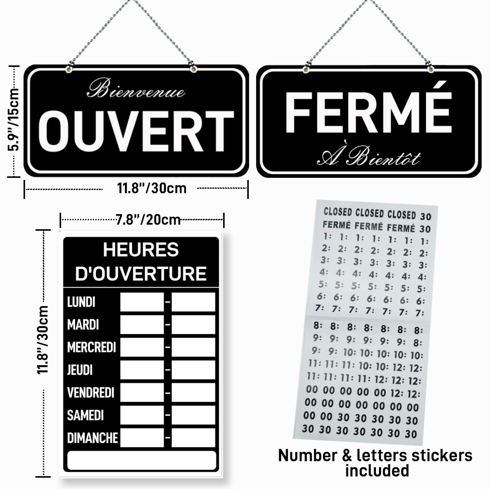 Signe Ouvert, Kit d'heures d'ouverture, Ouvert Fermé Signe, Open Signs for Business, Business Hours Signs, Open Closed Sign kit, Hours of Operation Signs for Business