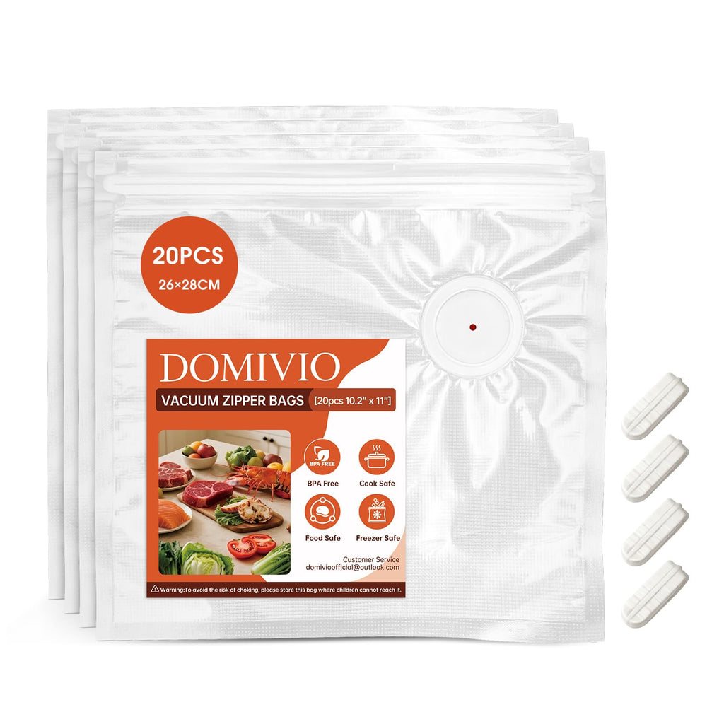 DOMIVIO 20 PCS Reusable Sous Vide Bags, 2 Quart Size 10.2" x 11" (26 x 28cm), BPA Free, Vacuum Sealer Zipper Bags for Cooking, Meal Prep, Freezer & Food Storage, Air Valve & Leak-Proof Design