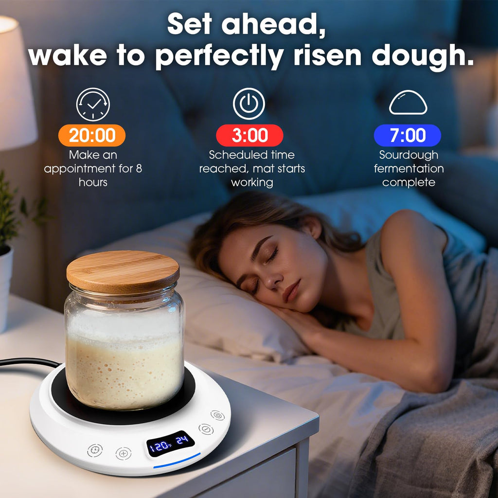Sourdough Starter Warmer Mat, Precise 1°F Thermostat Control (70-120°F) Sourdough Heating Mat, Warmer for Sourdough Starter, 0-24h Timer, Auto On/Off, Memory Function (White)