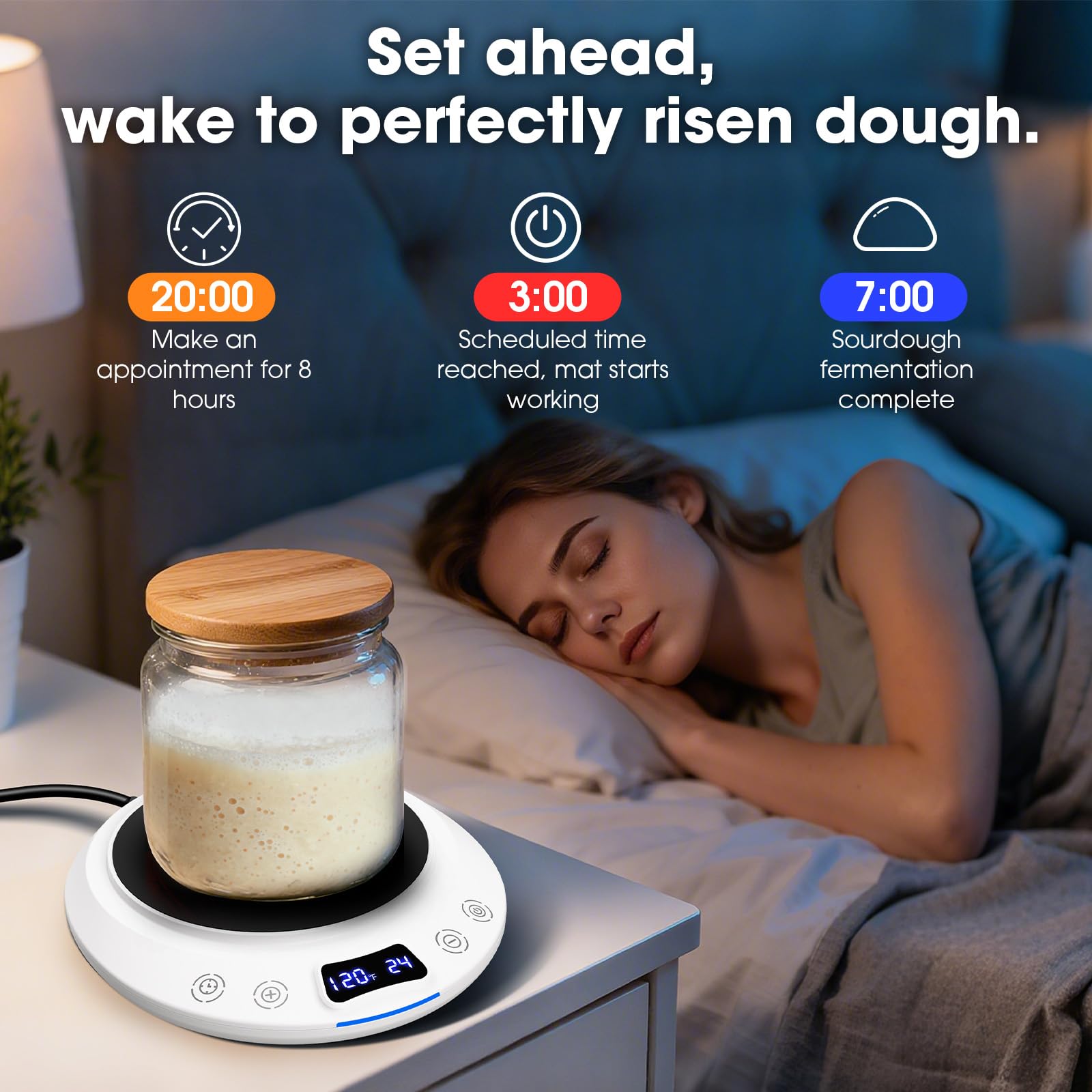 Sourdough Starter Warmer Mat, Precise 1°F Thermostat Control (70-120°F) Sourdough Heating Mat, Warmer for Sourdough Starter, 0-24h Timer, Auto On/Off, Memory Function (White)