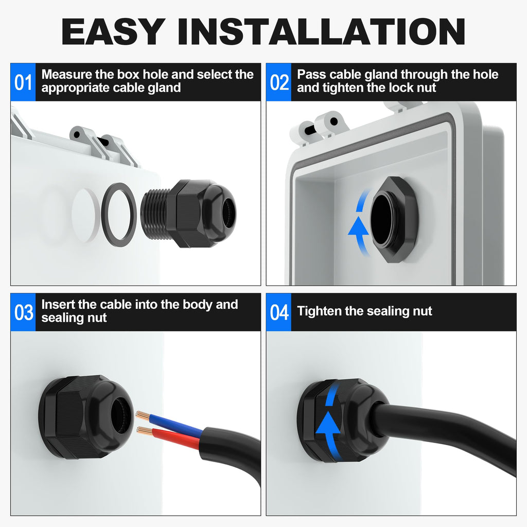 Joinfworld 72Pcs Cable Glands Waterproof Strain Relief Cord Connector Grip Waterproof Cable Pass Through PG7 1/4" 3/8" 1/2" 3/4" 1" with Wire Grommet for 3-25mm Cable Diameter