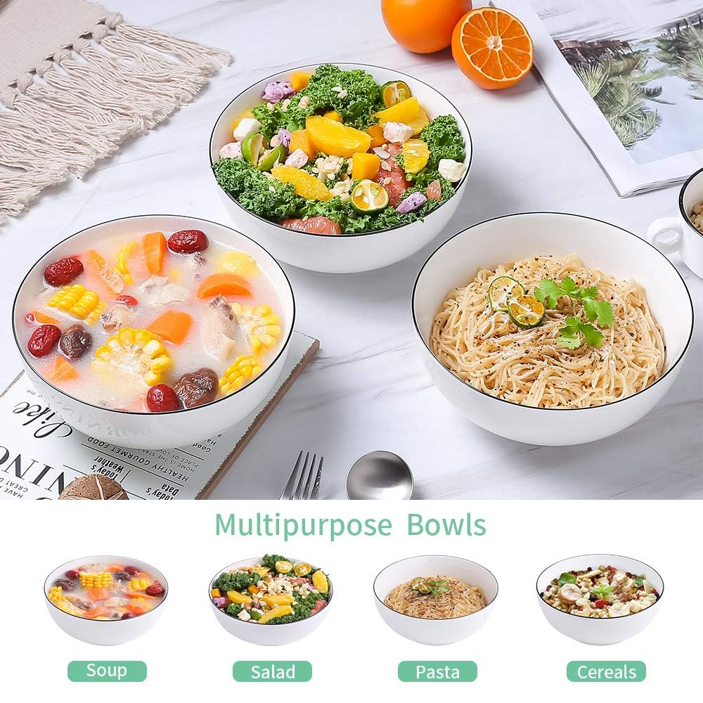 NJCHARMS Large Serving Bowls, 8'' Big Soup Bowl 60OZ Set of 3, White Ceramic Bowl for Kitchen, Pho Bowl for Pasta, Ramen, Soup, Fruit Vegetable, Microwave & Dishwasher Safe
