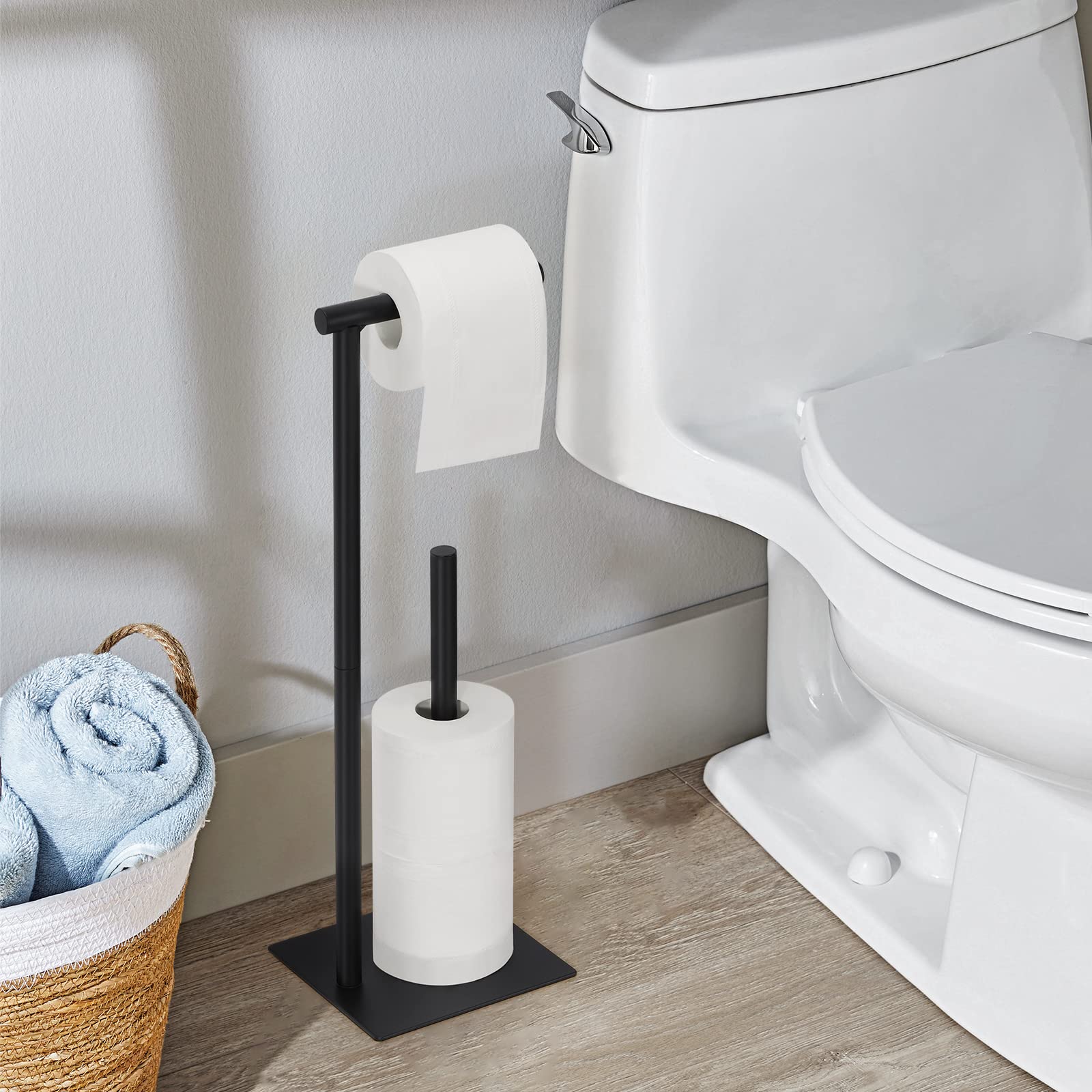 Toilet Paper Stand Tissue Paper Holder Black Toilet Roll Dispenser Free Standing Tissue Paper Organizer Bath Paper Storage Holder Floor Toilet Paper Holder with Square Base for Lavatory (Black)