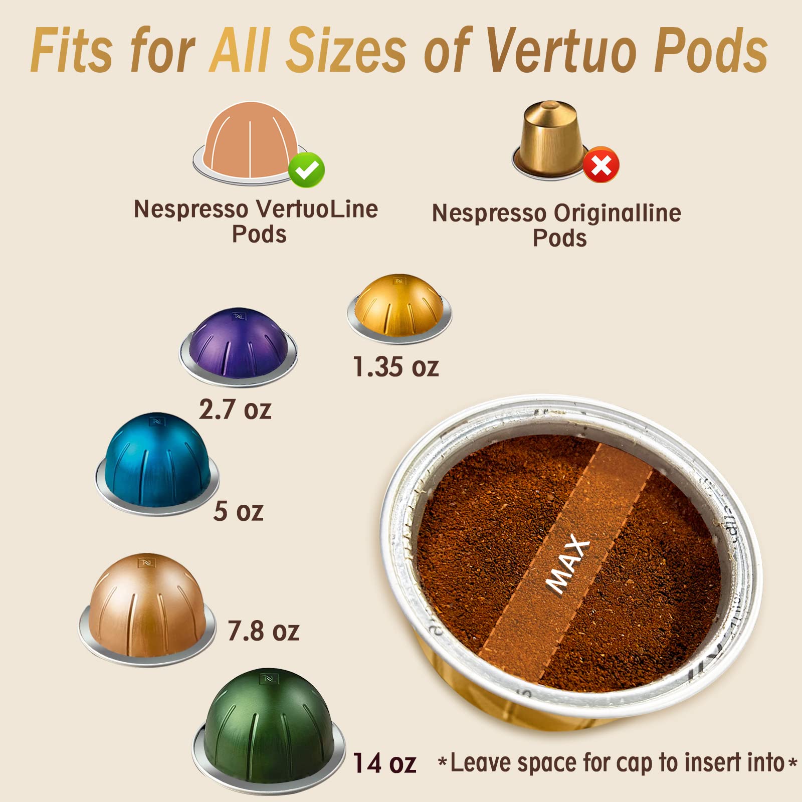 CAPMESSO Reusable Coffee Capsule Lids for Reusable Nespresso Pods Vertuo, Food Grade Silicone Caps for Any Sizes of Refillable Vertuo Pods with Scoop and Brush (5PCS Silicone Caps)