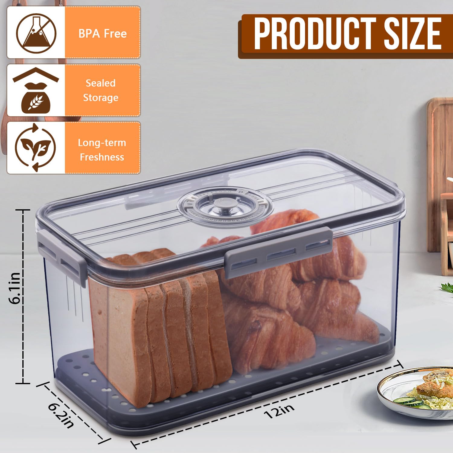 Bread Box Bread Boxes for Kitchen Counter Airtight, Time Recording Bread Storage Container with Lid, Bread Keeper for Homemade Bread, Toast, Bagel, Donut and Cookies