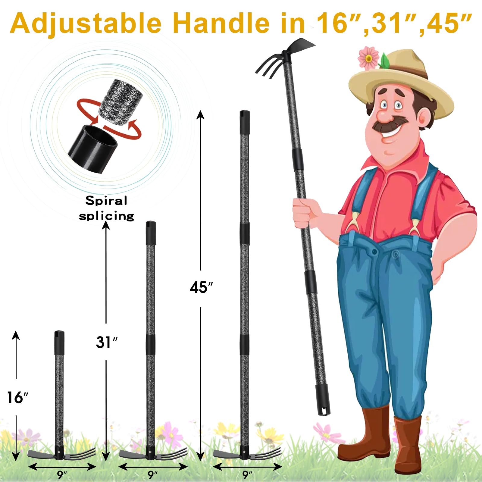 Garden Tool Hoe and Cultivator Hand Tiller with 45inch Adjustable Handle,Heavy Duty Garden Rake with Hoe, Hand Garden Tools Sturdy Sharp