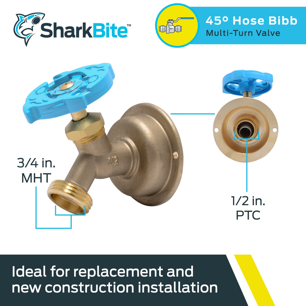 SharkBite 1/2 x 3/4 Inch MHT 45 Degree Hose Bibb, Multi Turn, Push to Connect Brass Plumbing Fitting, PEX Pipe, Copper, CPVC, PE-RT, HDPE, 24632LF