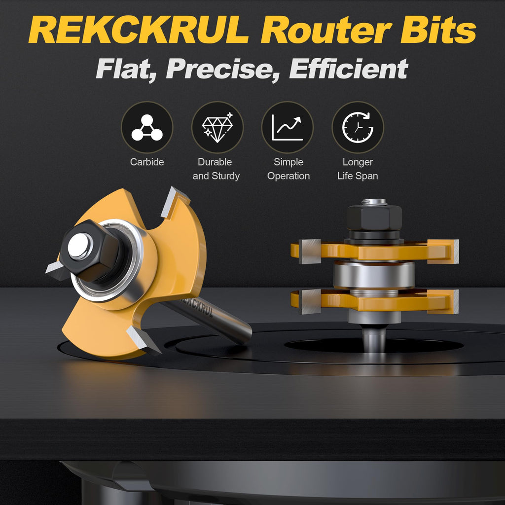 REKCKRUL 2 PCS Tongue and Groove Router Bit Set, 1/4 Inch Shank, 3 Teeth Adjustable T-Shape Wood Milling Cutter for Cabinets, Flooring, and Woodworking