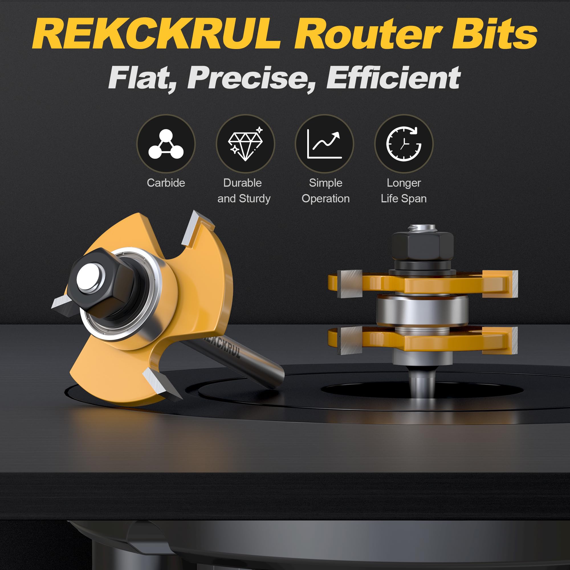 REKCKRUL 2 PCS Tongue and Groove Router Bit Set, 1/4 Inch Shank, 3 Teeth Adjustable T-Shape Wood Milling Cutter for Cabinets, Flooring, and Woodworking