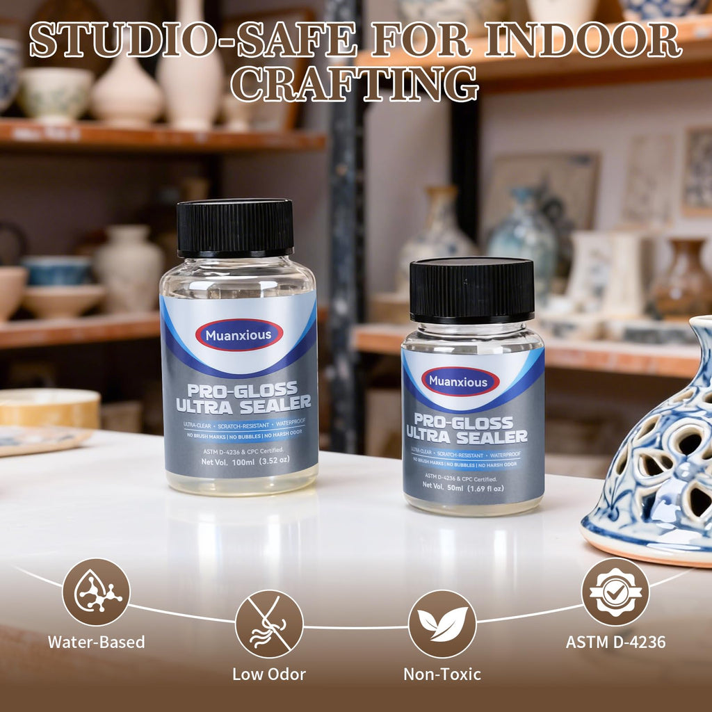 Muanxious Studio High‑Gloss Varnish – Crystal‑Clear, Non‑Tacky Finish for Air‑Dry & Polymer Clay, Miniatures, Water‑Based,ASTM D‑4236, 100ml (3.38 fl oz)