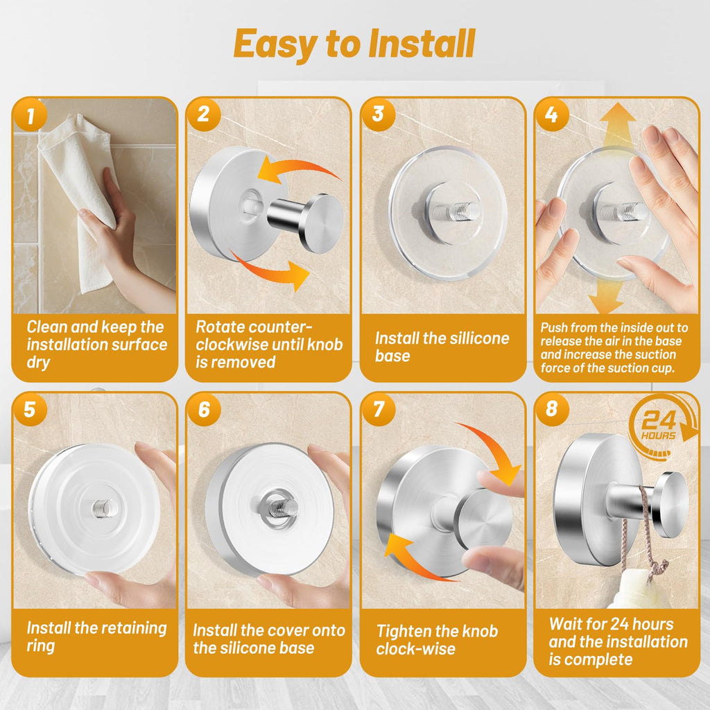 VEHHE 4 Pack Self-Adhesive Suction Cup Hooks for Shower, Heavy Duty Reusable Shower Hooks for Inside Shower, No-Drill Shower Hooks Suction Cup for Bathroom, Bath Towel, Towel (Silver)