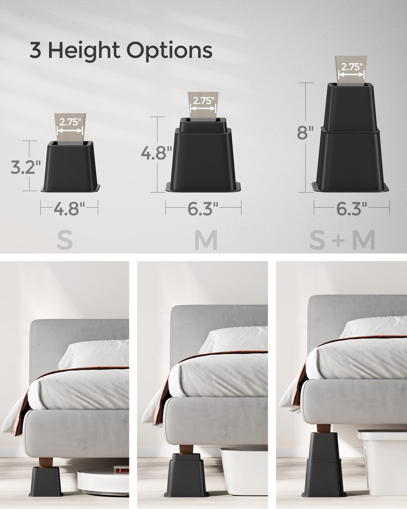 SONGMICS 4-Pack Heavy Duty Bed Lifts, Adjustable 3/5/8 Inch, Supports up to 1300 lb, Black, Rectangular, Modern, PP Plastic, 2.8" x 3-8", Beds, Sofas, Desks, Tables