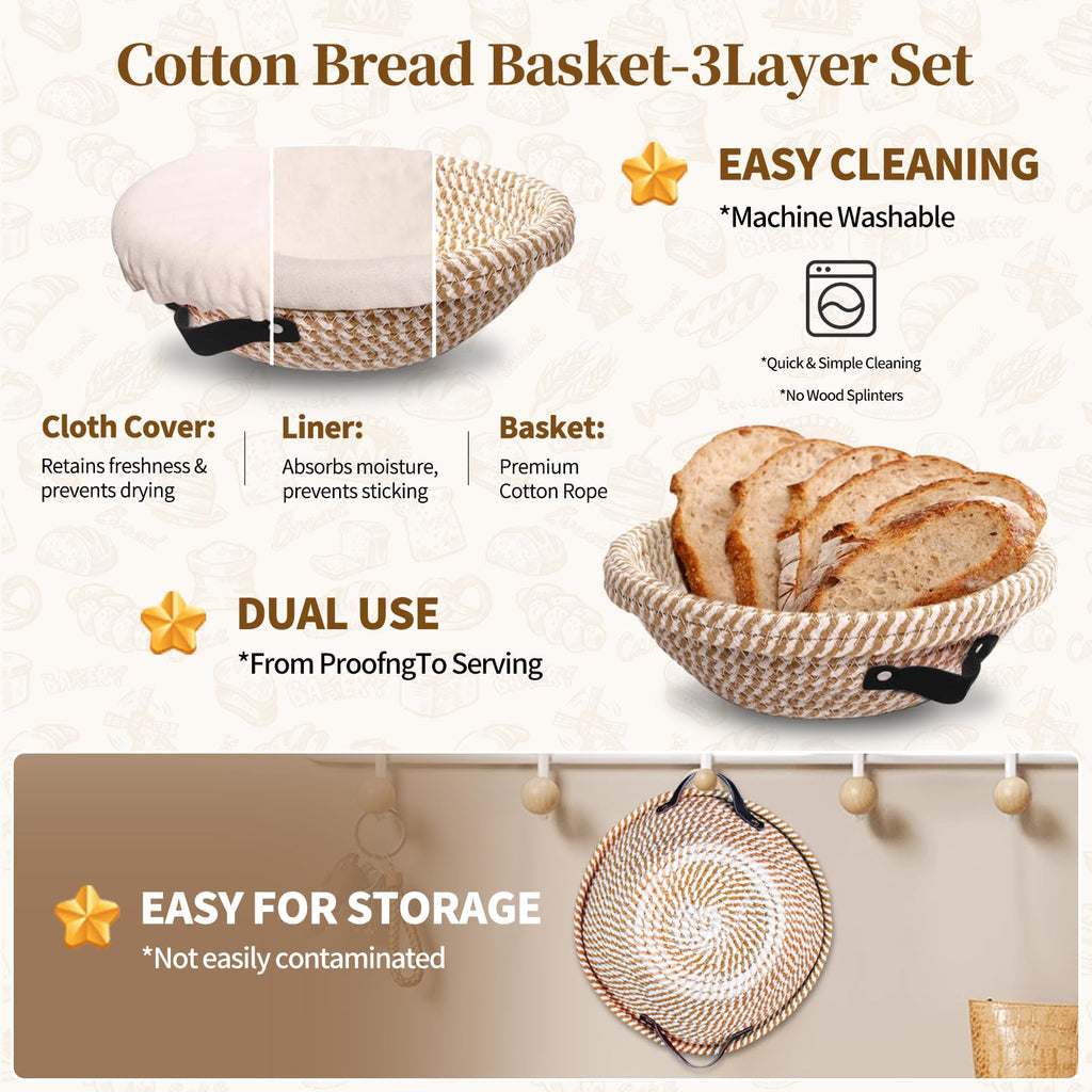 Sourdough Bread Starter Kit, Cotton Sourdough Kit Proofing Basket 10" Round, Banneton Bread Making Tools with Starter Jar,Dough Whisk,Bread Lame & Sling,Scraper and Brush Gifts for Bakers Women Mom