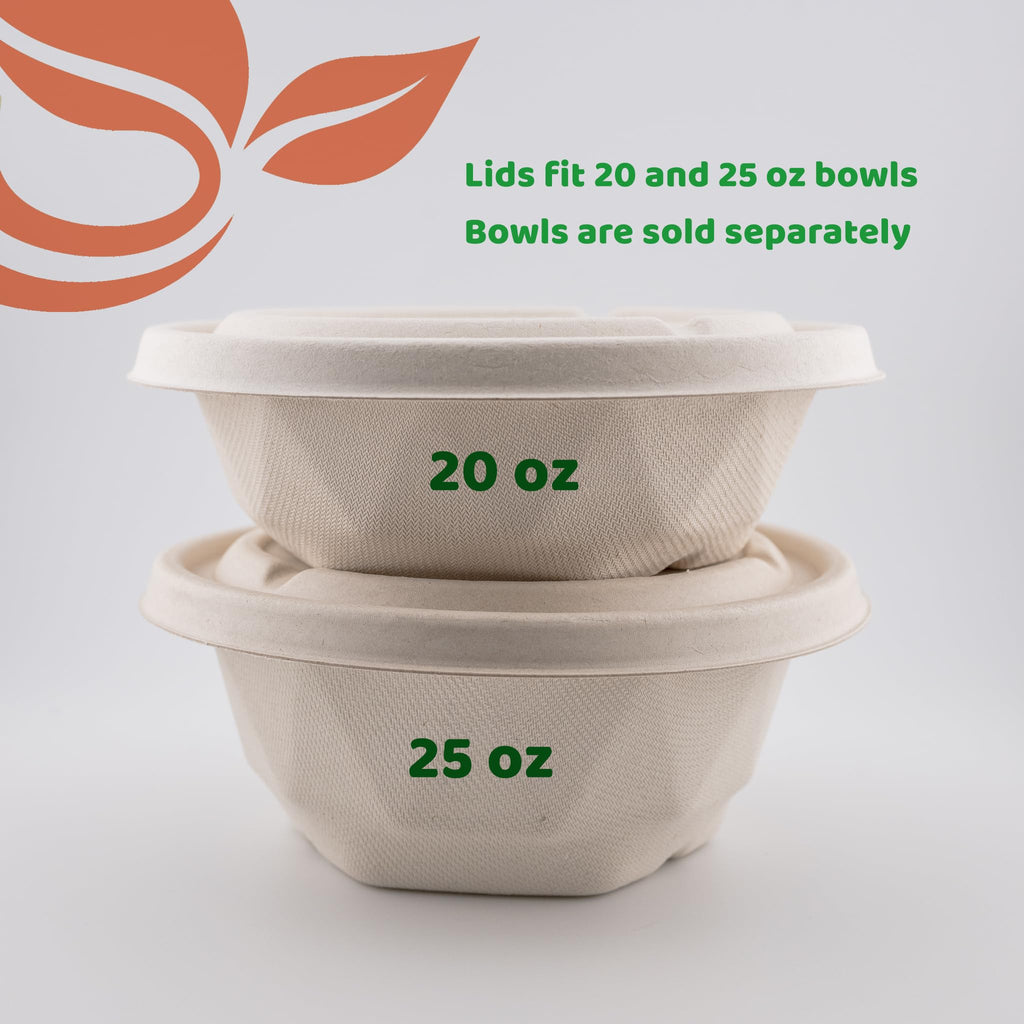 Compostable Pulp Lids for 20 oz & 25 oz Bagasse Bowls – Biodegradable Sugarcane Fiber | Eco-Friendly, PFAS-Free, Heavy-Duty Disposable Food Container Lids for Hot & Cold Takeout