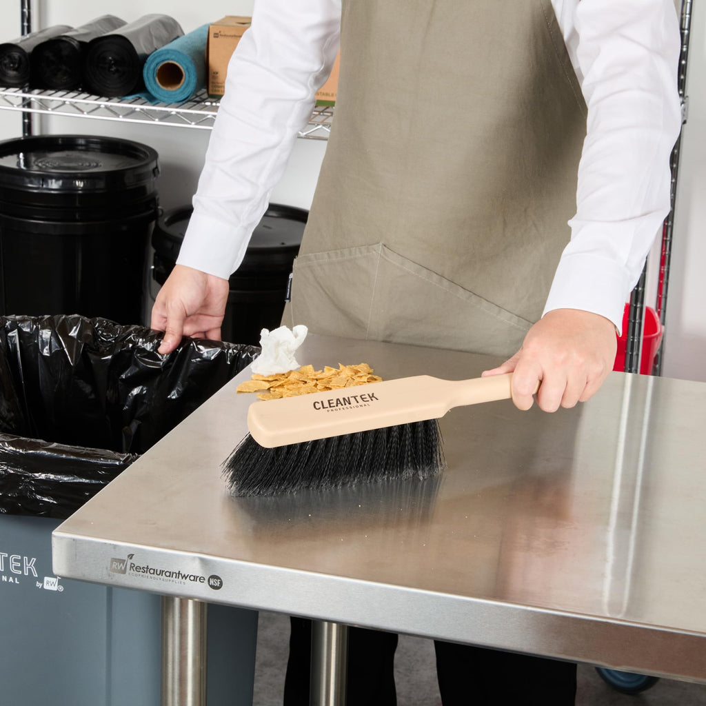 Restaurantware-Clean Tek Professional 13.78 Inch Counter Brush, 1 Heavy-Duty Hand Broom Brush - Flagged Bristles, Ergonomic Handle, Beige Plastic Cleaning Scrub, for Sweeping, Dusting, Woodworking
