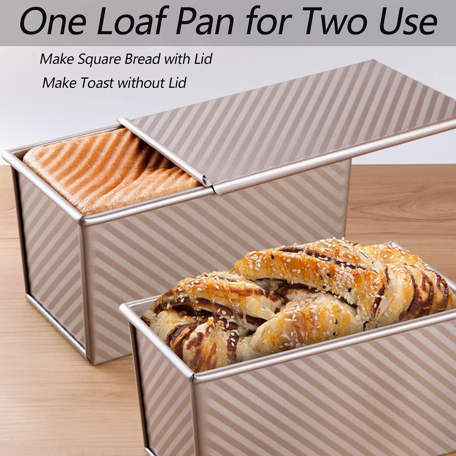 Spmarkt Pullman Loaf Pan with Lid, Aluminized Steel 1 Lb Nonstick Sandwich Bread Pan for Homemade Bread, 8.4x4.8 Inch Professional Rectangular Loaf Pan with Dough Scraper and Cutter