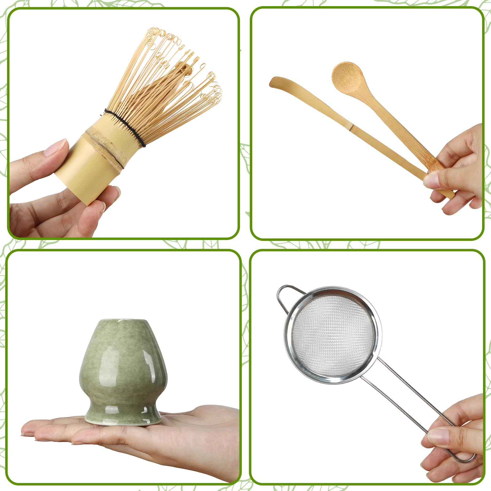 Matcha Whisk Set, 5 Pieces with Bamboo Matcha Whisk, Ceramic Chasen Holder, Powder Starter Sifter, Bamboo Scoop, Spoon, Matcha Tea Making Tools for Starter Matcha Lovers