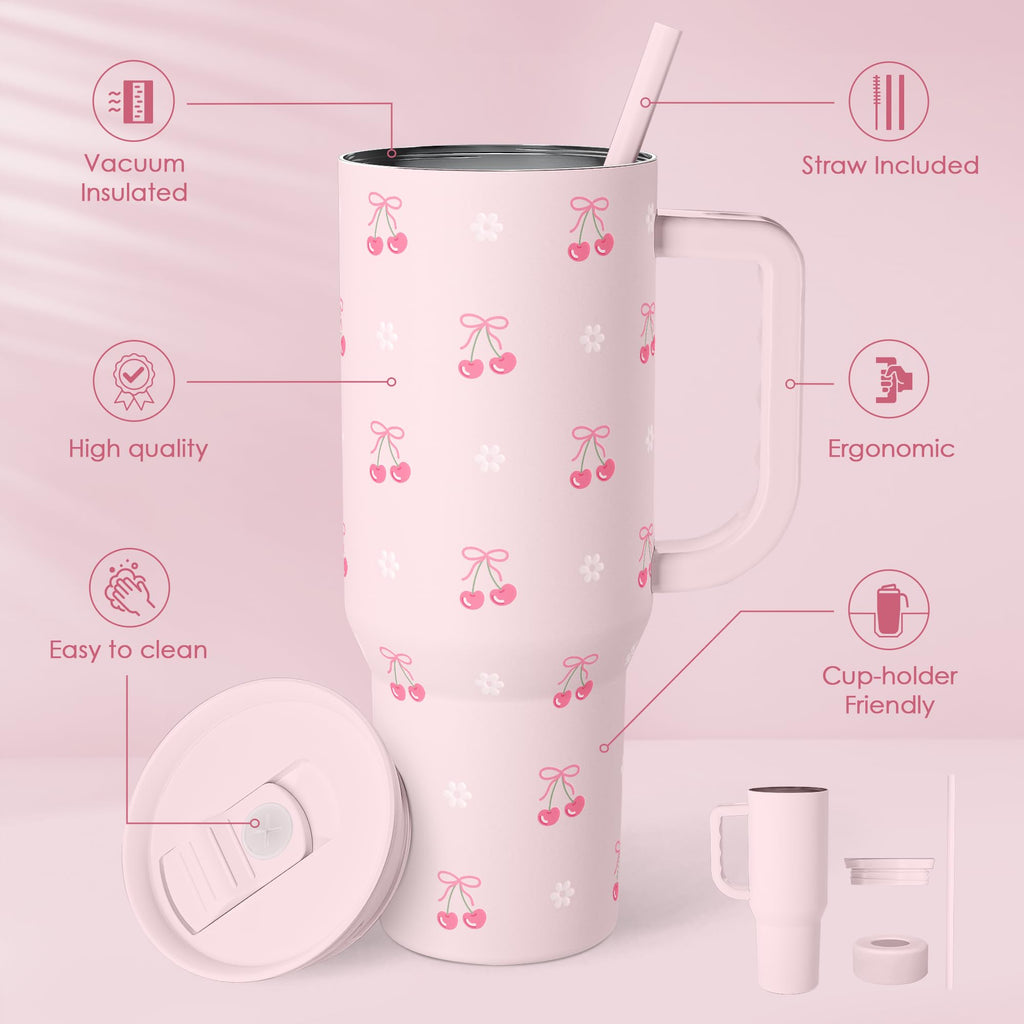 Cherry 40oz Slider Tumbler with Handle and Straw - Insulated Stainless Steel Travel Coffee Mug for Women Girls, Gift for Birthday Christmas