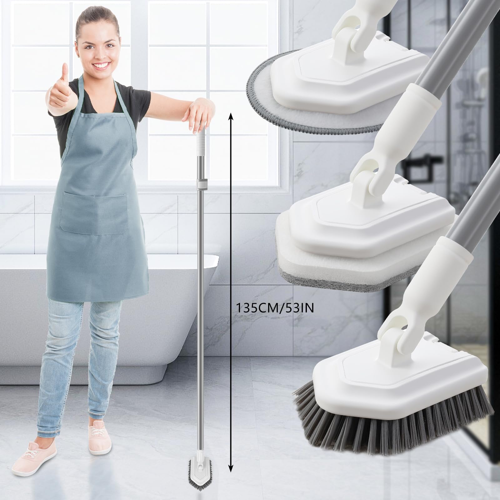 Mitclear Floor Scrub Brush, 3-in-1 Shower Scrubber Tub Tile Floor Cleaner with Adjustable Handle(53IN), Long Floor Cleaning Brush with 3 Detachable Heads for Bathroom Kitchen Tub Tile Floors Walls
