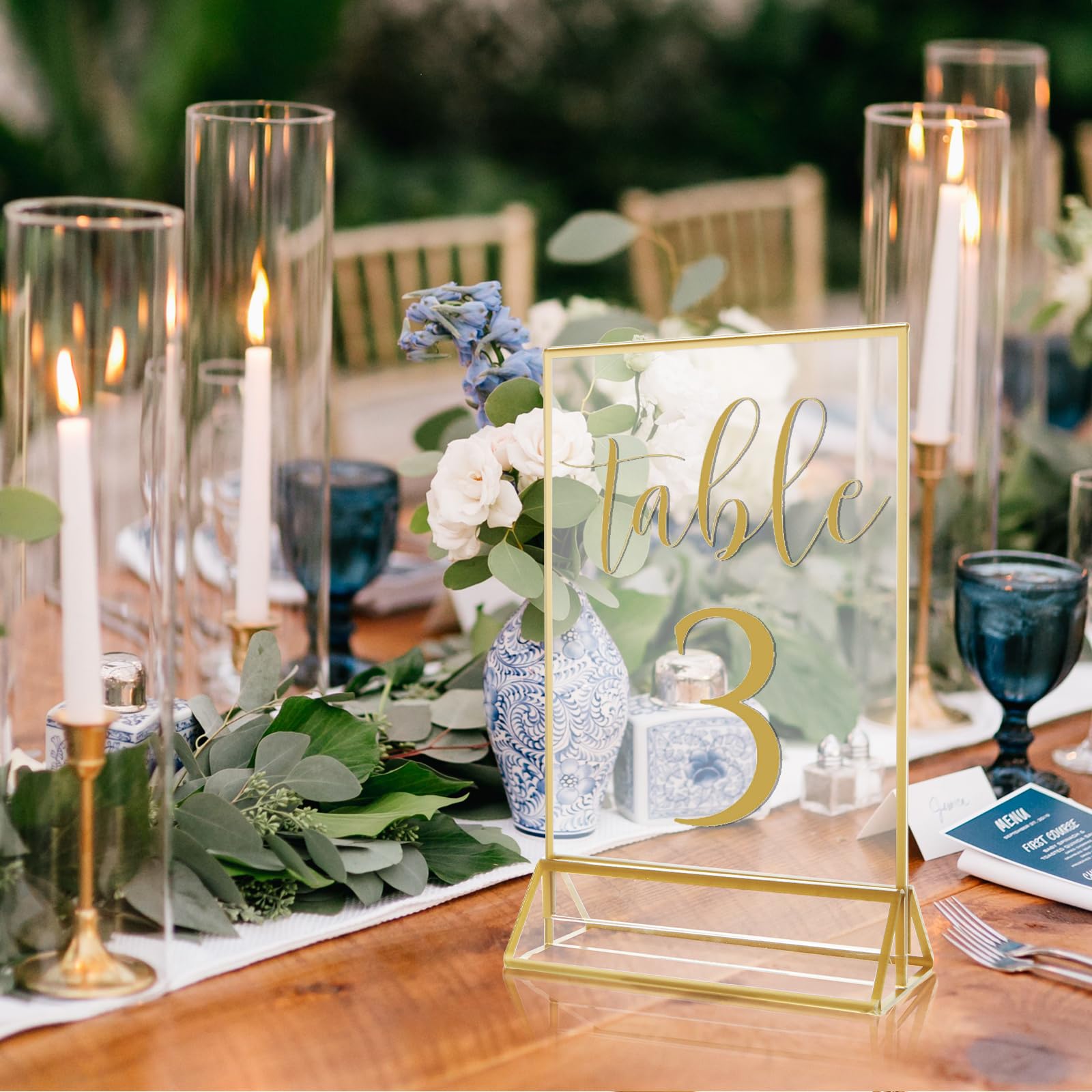 ABuff Acrylic Sign Holders with Golden Border, Portrait View, Pack of 8 | 4x6 Inches Double Sided Clear Frame, Perfect for Wedding reception, Centerpiece, Decoration, Party,Anniversary, Event