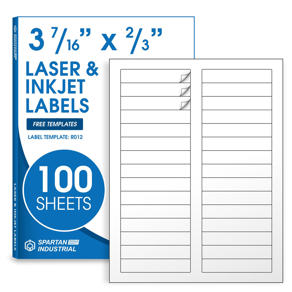 3 7/16" X 2/3" Matte White File Folder Labels Compatible with Inkjet and Laser Printers - 100 Sheets, 3000 Printable Paper Stickers for Return Addresses and Mailing - Spartan Industrial Template R012