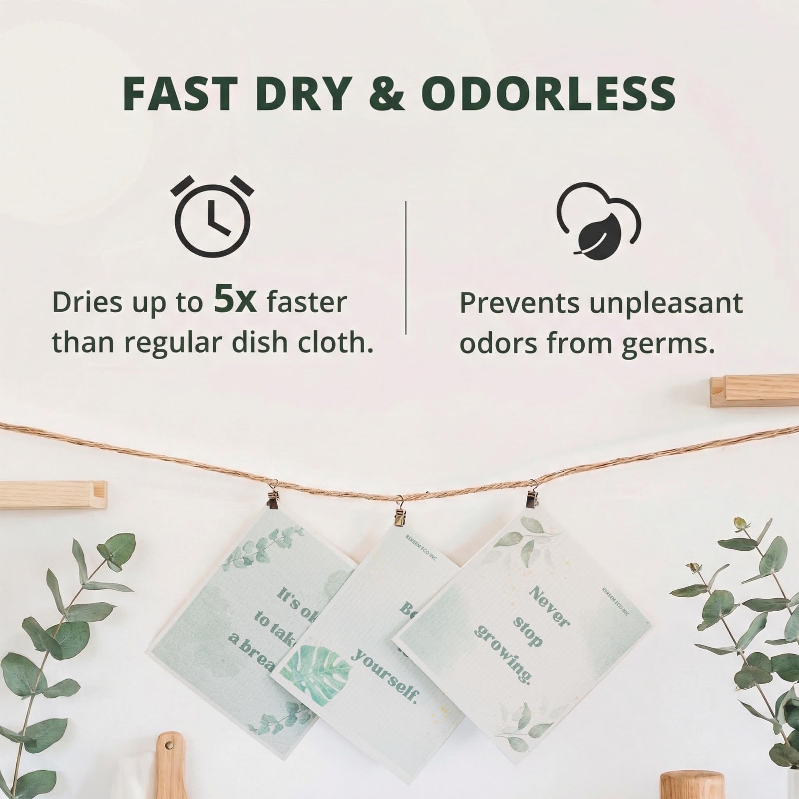 ReReem Swedish Dish Cloths – 6-Pack Reusable, Biodegradable Cellulose & Cotton Cleaning Towels – Plant Lover