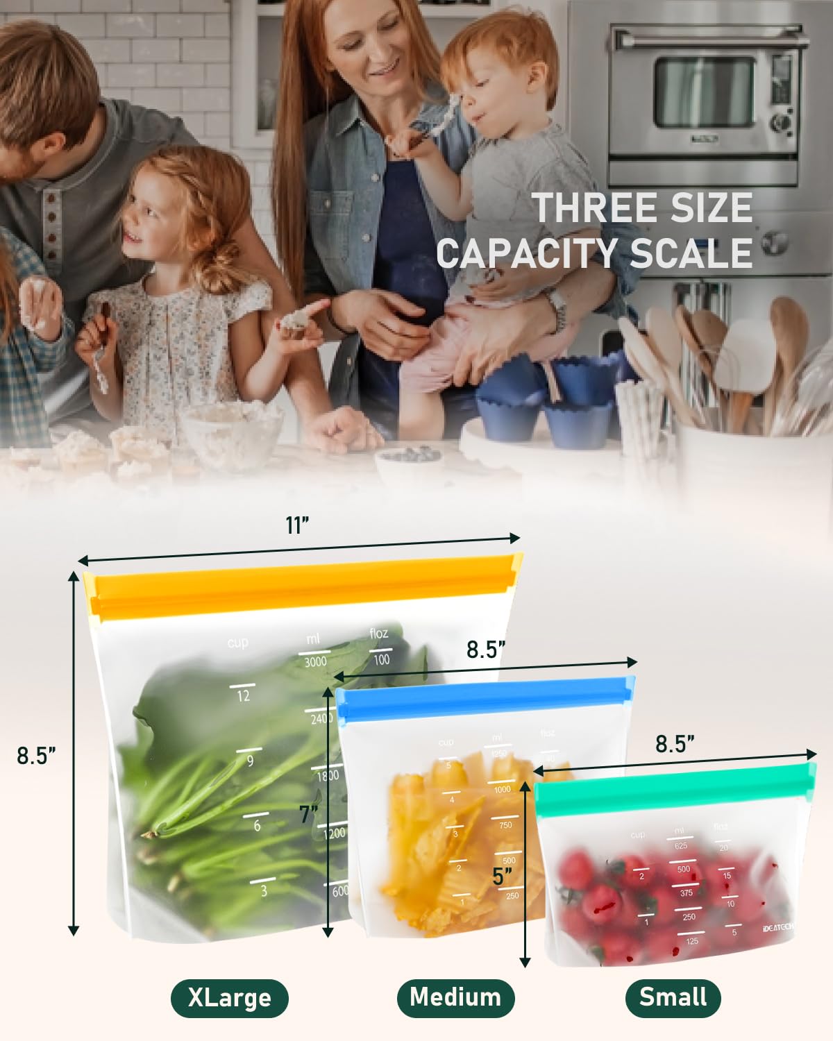 IDEATECH Reusable Stand Bags 6 Pack Ziplock Extra Large Silicone Food Storage Dishwasher Freezer Safe Plastic Organizer Safe Gallon Soup Snack Freezing