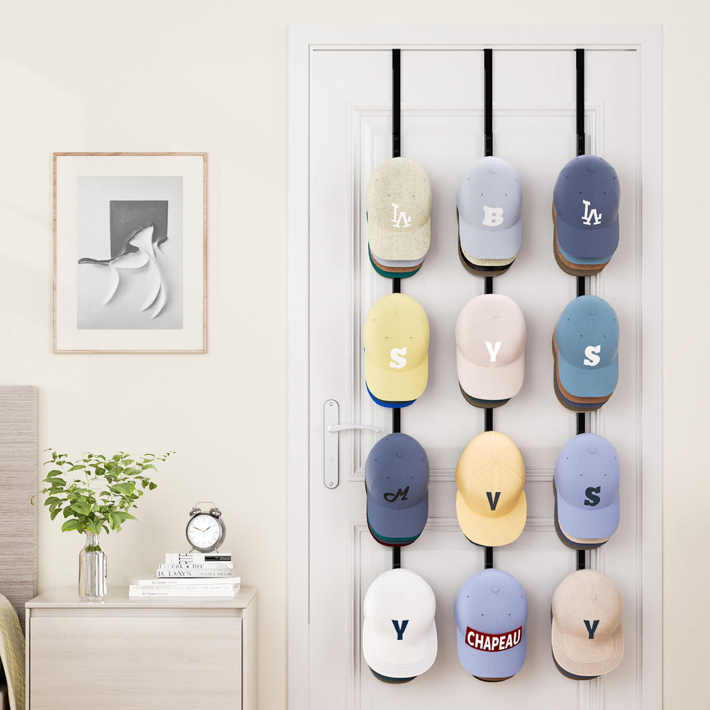 SWTYMIKI Over Door Hat Organizer - 3 Packs Metal Hanging Hat Rack with 12 Hooks Design, Hat Racks for Baseball Caps Hanger Organizer Storage Holds up to 60 Caps for Door, Bedroom, Closet