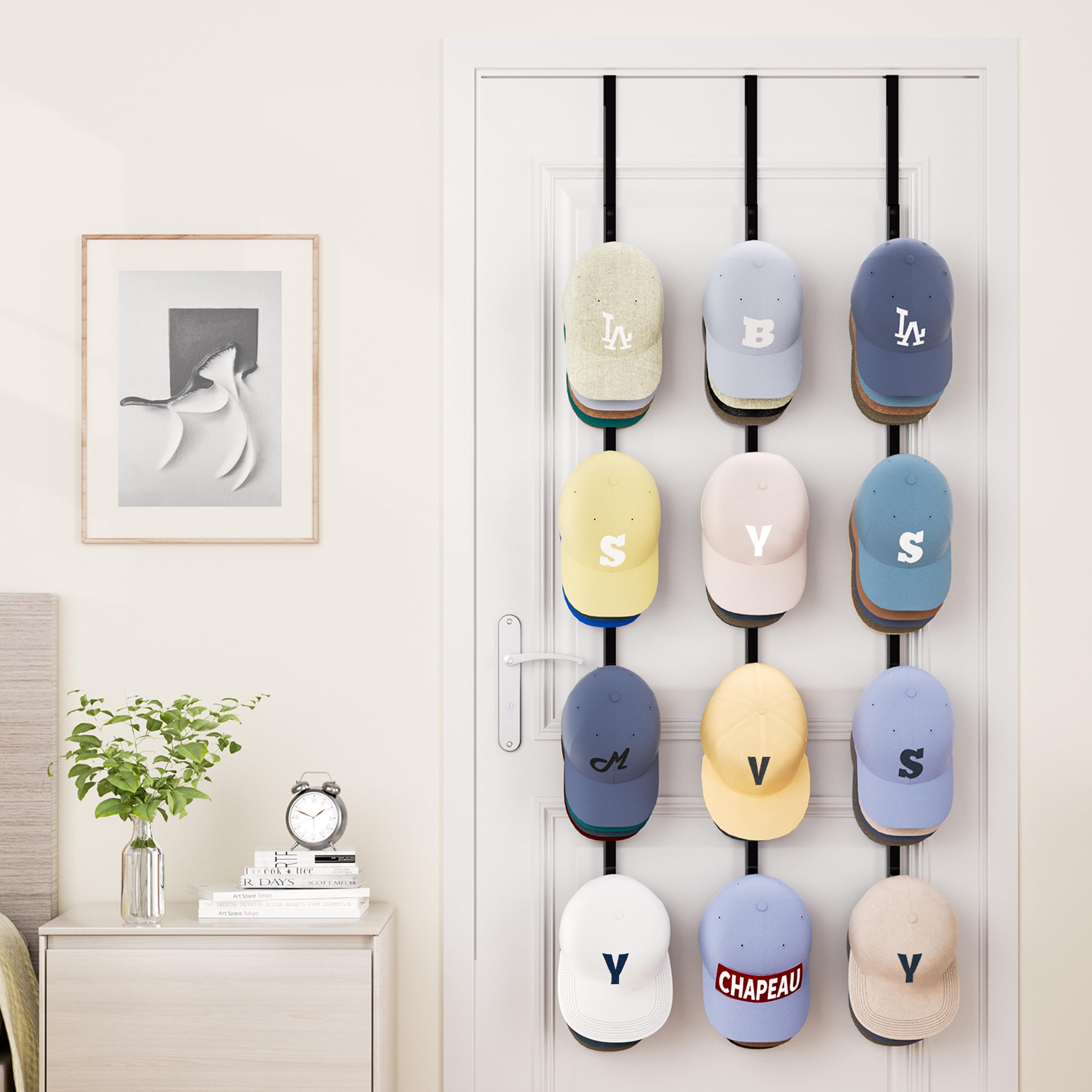 SWTYMIKI Over Door Hat Organizer - 3 Packs Metal Hanging Hat Rack with 12 Hooks Design, Hat Racks for Baseball Caps Hanger Organizer Storage Holds up to 60 Caps for Door, Bedroom, Closet