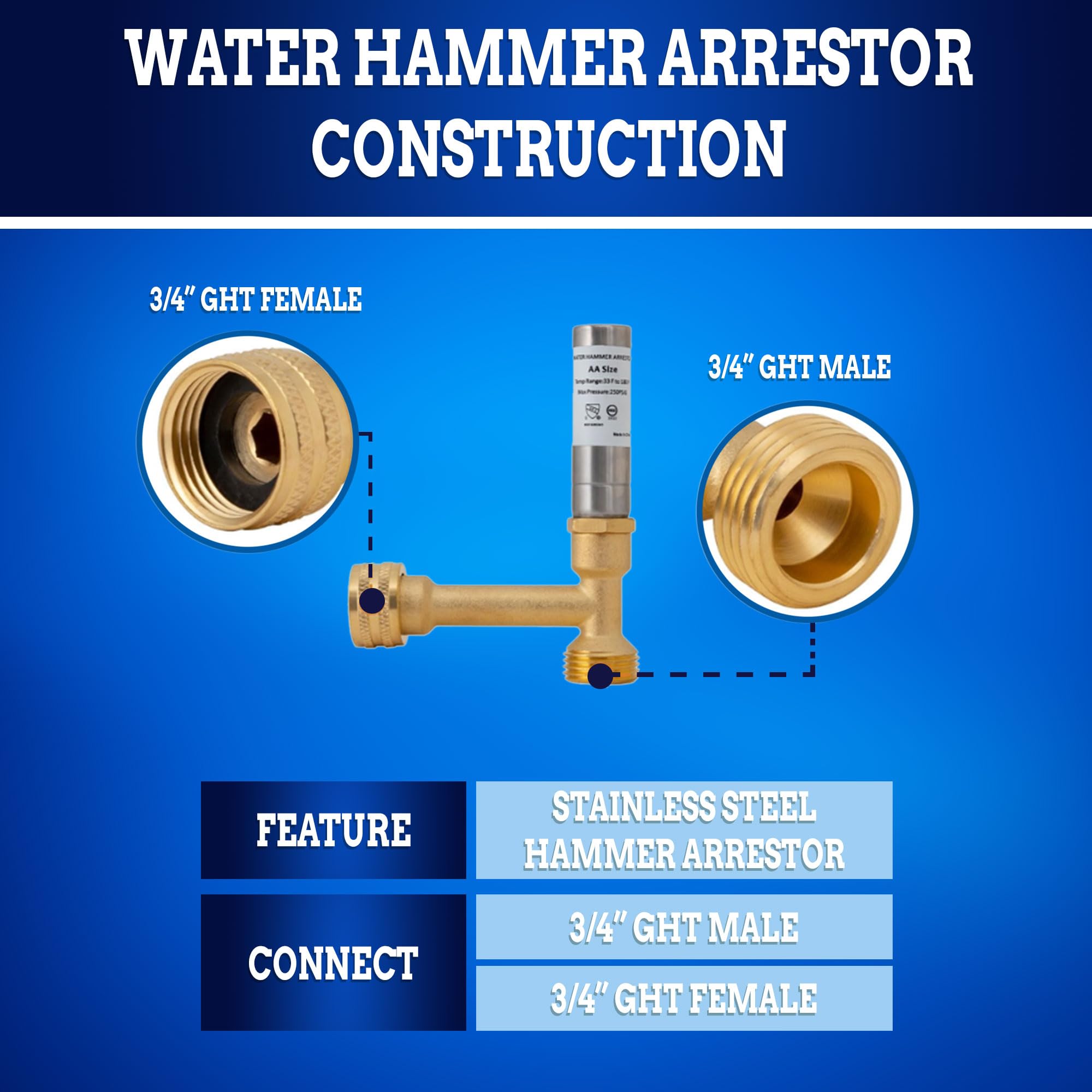 New Age America® AquaFlow 360™ Hammer Arrestor | 2pcs Angle Washing Machine | 3/4" Male GHT & 3/4" Swivel Female GHT | 304 Stainless Steel & Brass