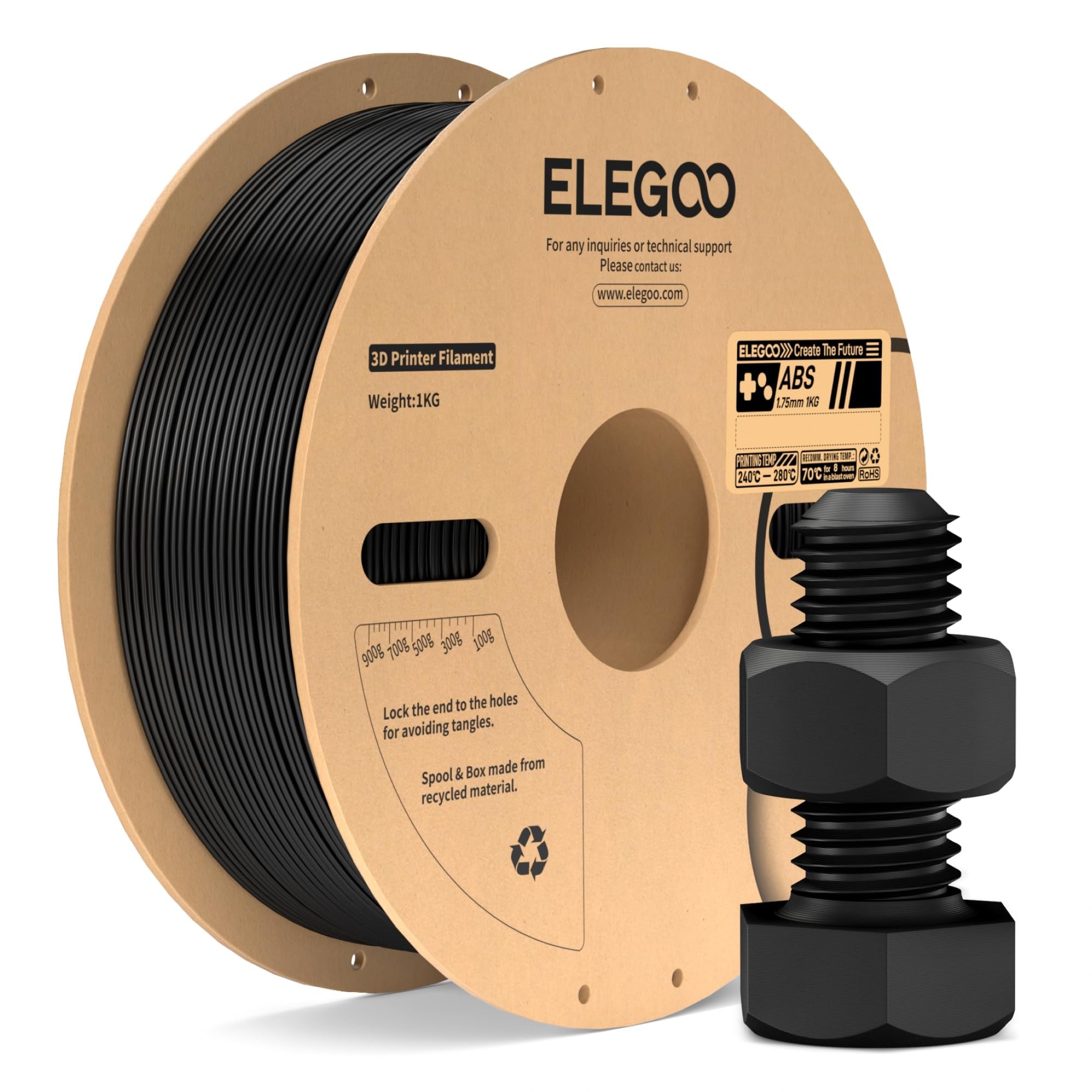 ELEGOO ABS 3D Printer Filament 1.75 mm Black, High Toughness & Impact Resistance, Heat & Water Resistant, 1 kg Spool Engineering Grade Filament for FDM Printers