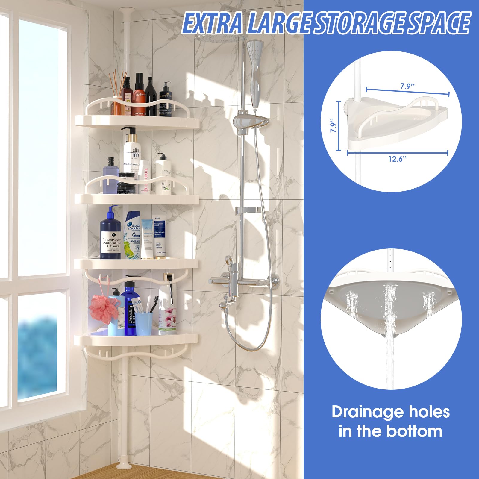 CALCHELE Shower Caddy Corner for Bathroom, Rustproof Bathtub Shower Storage Organizer for Shampoo Accessories, 4-Tier Adjustable Shelves with Tension Pole, 54 to 114 Inch White