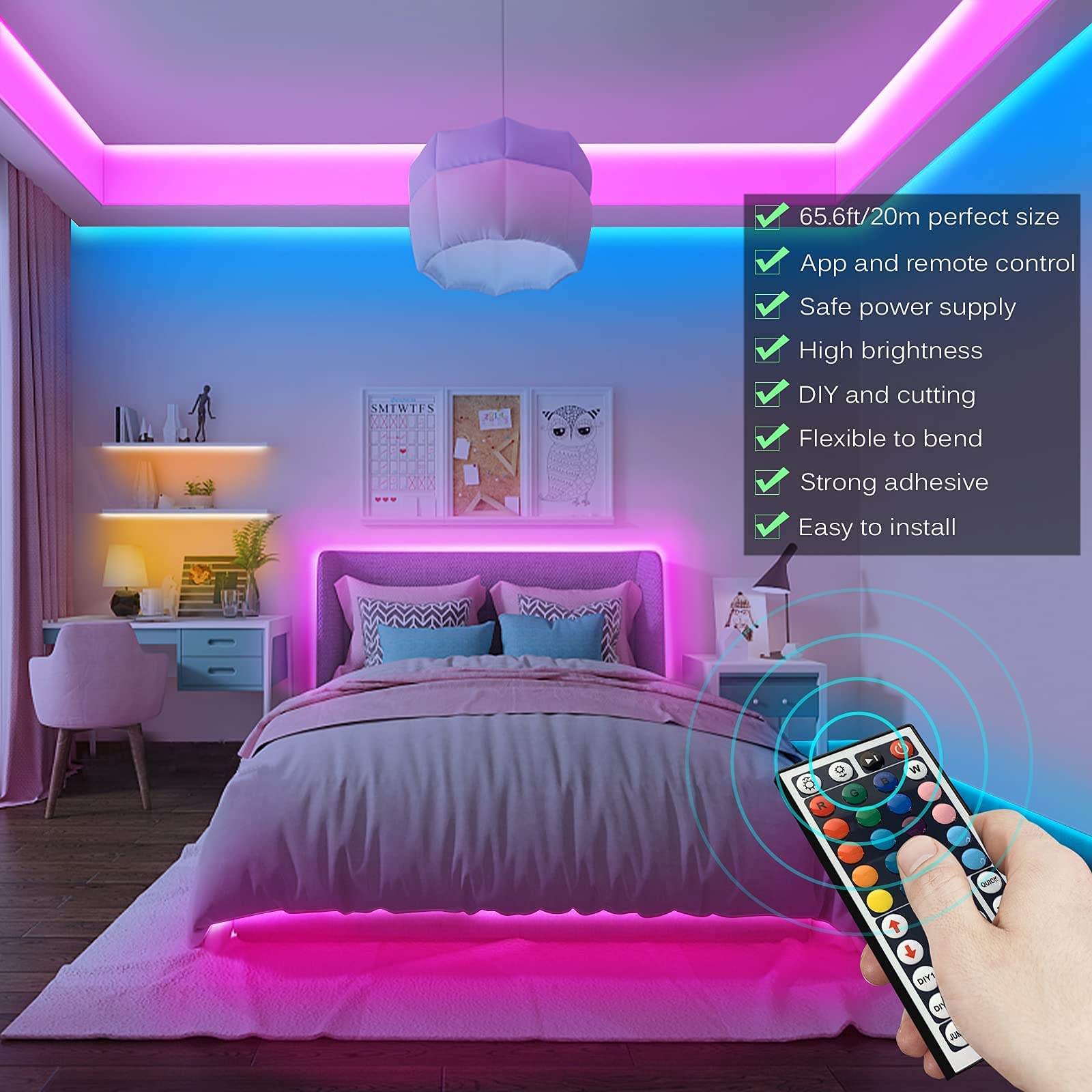 Tenmiro Led Lights for Bedroom, Music Sync LED Rope Lights APP Control with Remote, RGB Led Strip Lights for Room Kitchen Party Home Decoration (65.6ft)