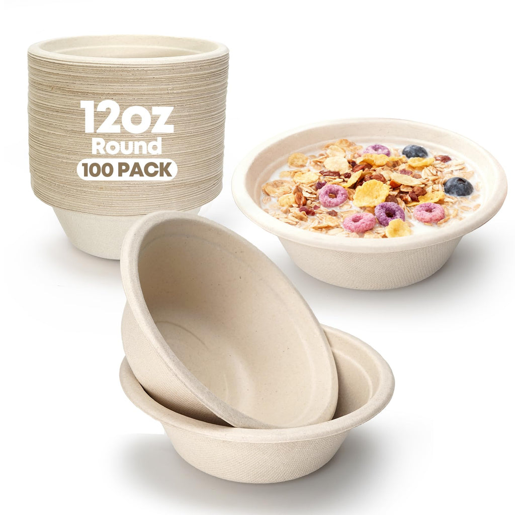 TaidMiao 12 oz Disposable Biodegradable Paper Bowls, Microwave Safe Sugarcane Fiber Bowls for Hot Soup Salads Fruit, Eco-Friendly Brown Bowls for Parties & Daily Use, 100 Count