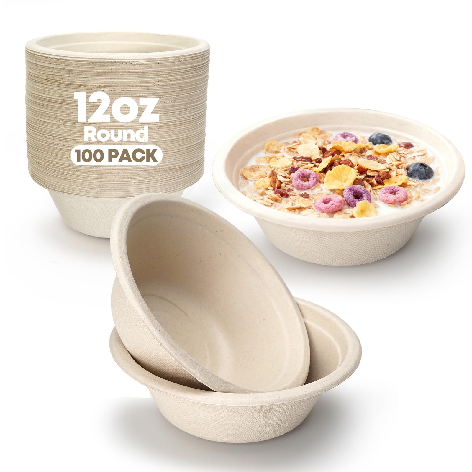 TaidMiao 12 oz Disposable Biodegradable Paper Bowls, Microwave Safe Sugarcane Fiber Bowls for Hot Soup Salads Fruit, Eco-Friendly Brown Bowls for Parties & Daily Use, 100 Count